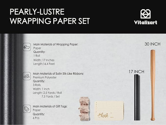 Vitalizart Black Wrapping Paper Set 17" Pearly-Lustre With Silk Like Satin Ribbon & Gift Tags Recyclable Eco-Friendly Christmas Gift Wrapping Birthday Baby Shower Wedding Handmade Crafts 197"(16.4 Ft)