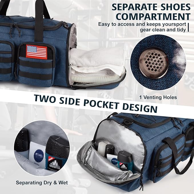 Tactical Gym Bag for Men,50L Large 3 in 1 Sports Duffle Bag with Shoes Compartment for Travel,Water Resistant Travel Backpack Weekender Overnight Bag with Wet Pocket for Women