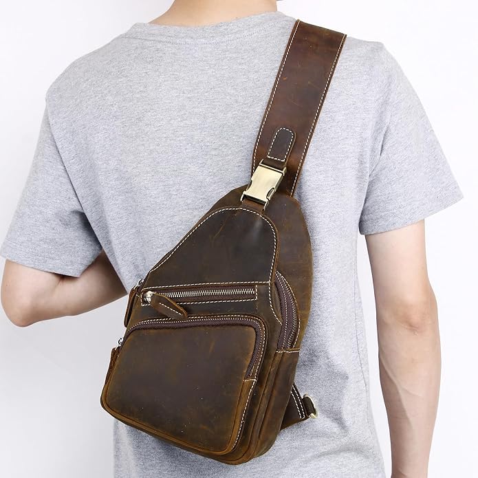 Genuine Leather Sling Bag for Men Women Backpack Chest Shoulder Satchel Crossbody Bags Casual Outdoor Daypack