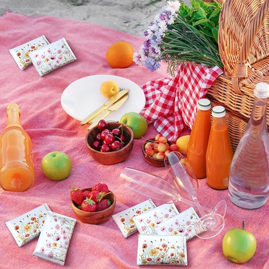 50 Pack Summer Flower Pocket Tissues Individual Packs Floral Pocket Facial Bulk 3 Ply Wildflower Wallet Travel Tissues for Summer Fall Wedding Party Supplies