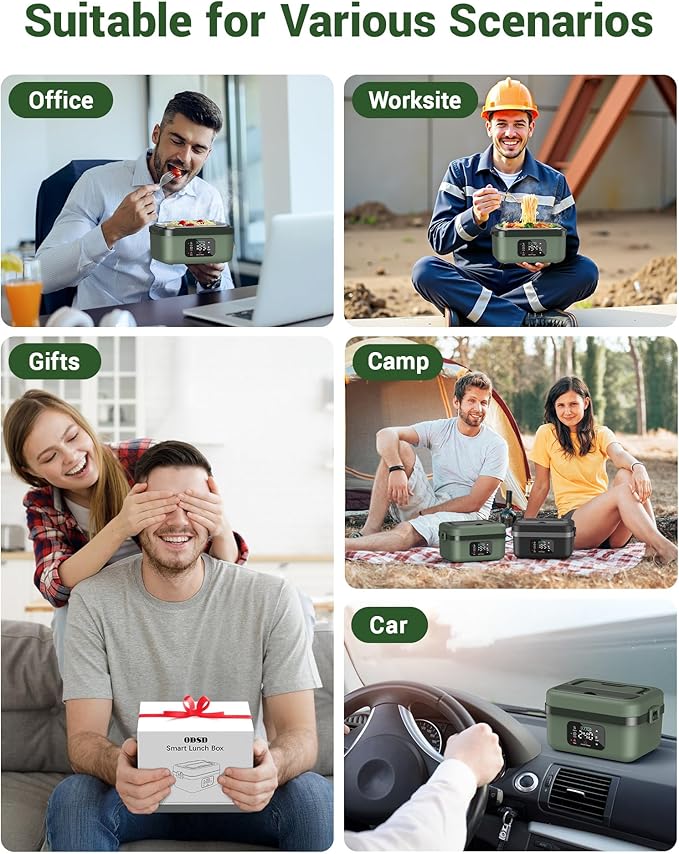 ODSD Cordless Electric Lunch Box for Adults, 16000mAh Rechargeable Self-Heating Lunch Box Food Warmer with Timer & Adjustable Heating, 34oz/1L Container with Insulated Bag for Office Car Outdoor