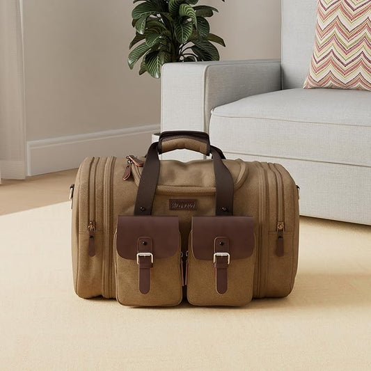Wildroad 60L Travel Duffel Bag, Expandable Canvas Genuine Leather Duffle Bag Upgraded Overnight Weekender Bag Carry on Bag (Coffee, X Large-60L)