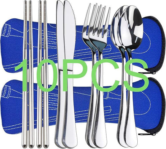 10PCS Portable Silverware Set with Case, Lengnoyp Travel Camping Utensils Set, Premium Stainless Steel Travel Cutlery Set, Reusable Safe Flatware Sets for Lunch Box/Workplace/Students, Silver