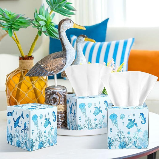 12 Pack Summer Ocean Life Facial Tissues Cube Boxes 600 Sheets 3 Ply Small Square Sea Turtles Jellyfish Turtle Face Tissues Bulk for Summer Car Bedroom Supplies