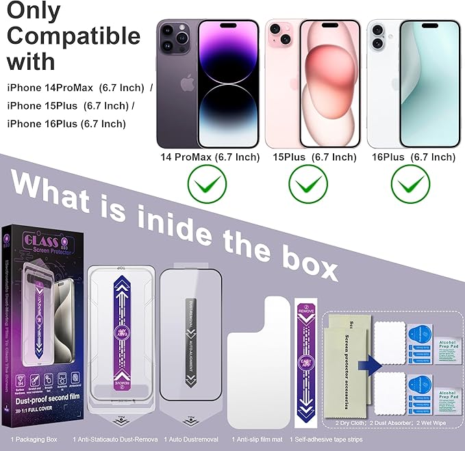 CHISHA 2-Pack Screen Protector Tempered Glass for iPhone 16 Plus and iPhone15 Plus and iPhone 14 Pro Max 6.7-Inch, Auto Dust Removal, No Bubbles, High Definition Clear, Easy Installation