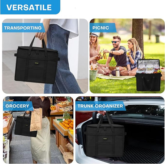 JUNGYOON S Insulated Grocery Bags and Cooler Bag for Food Delivery Bag, Collapsible Cooler, Reusable Shopping Bags for Groceries with Zipper Top, Heavy Duty, Stands Upright(Black)