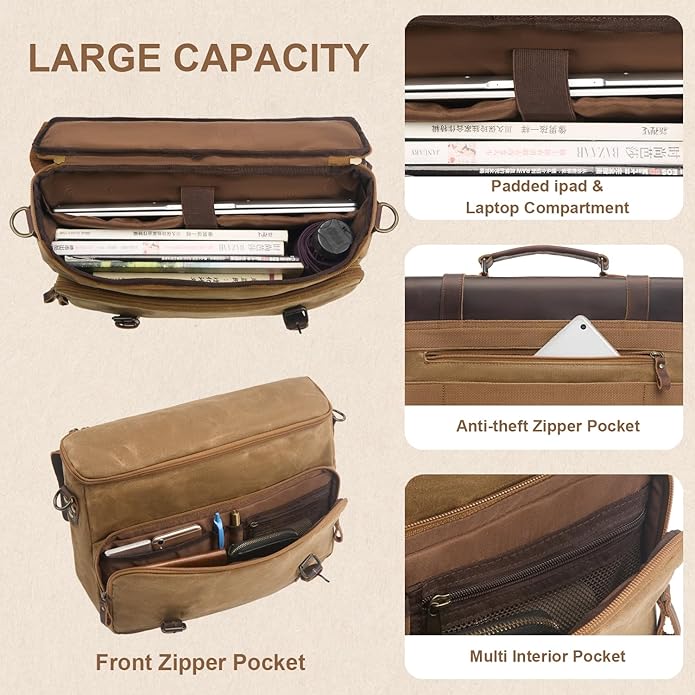 Mens Messenger Bag Waxed Canvas Laptop Briefcase 15.6“ Vintage Genuine Leather Crossbody Bags Waterproof Satchel Shoulder Bag