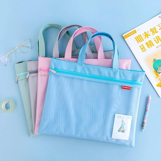 Pendancy Mesh Zipper Pouch 11x13.7 in, Large Double Pocket Waterproof File Bag with Handle, A4 Size Foldable Document Storage for Puzzle Project/Cross Stitch/Travel/Office(Blue)