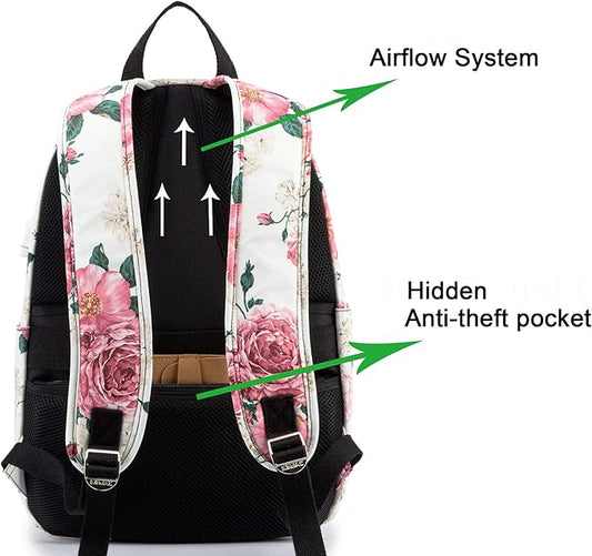 Kinmac Peony Pattern 15 inch Waterproof Laptop Travel Outdoor Backpack With USB Charging Port For 13 inch 14 inch and 15.6 inch Laptop