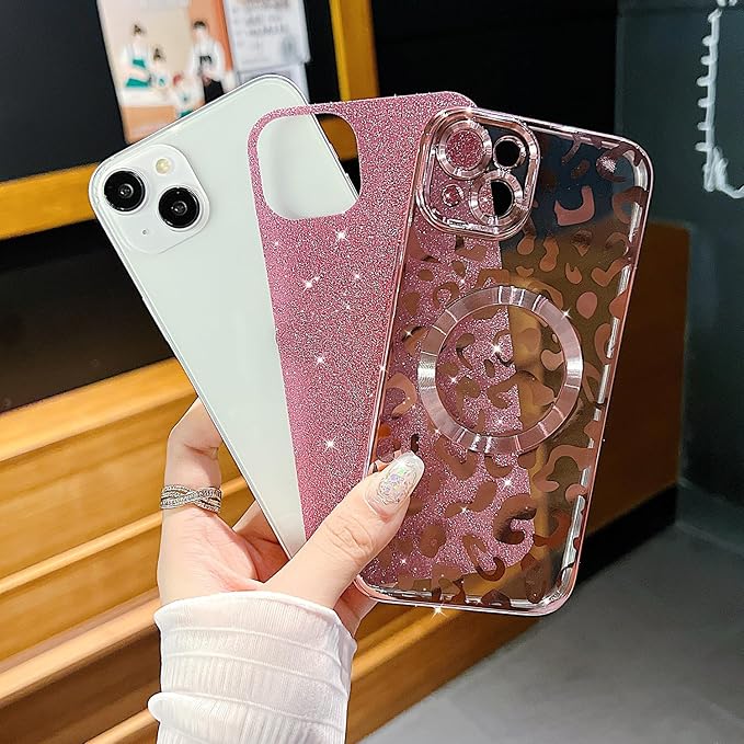 for iPhone 15 Plus Case Magnetic,Soft Cute Luxury Leopard Cheetah Pattern Plating Glitter Bling Phone Case Compatible with MagSafe Clear Shockproof Back Cover for Women Girl 6.7"-Pink