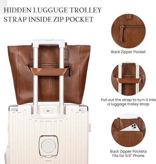 befen Vintage Genuine Leather Work Tote Bag for Women Large Tote Bag with Zipper Leather Purse and Handbags with Compartment