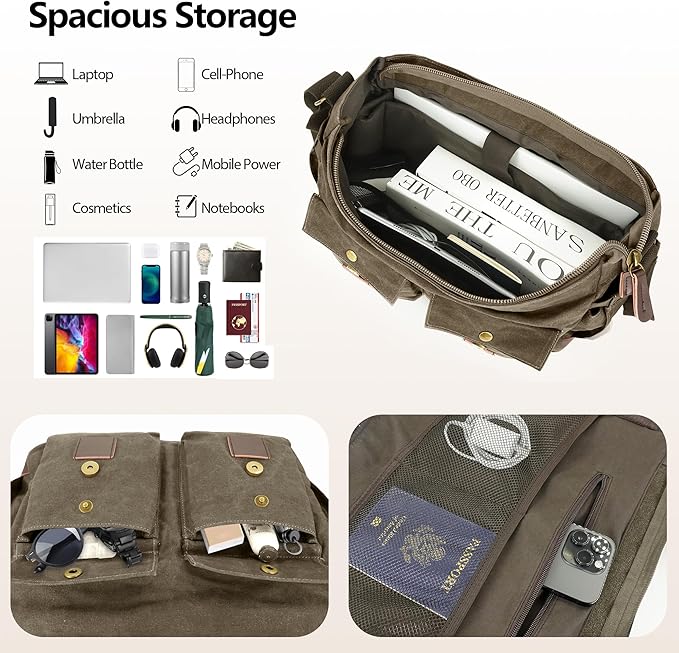 Messenger Bag for Men,13-14 Inch Laptop Bag, Vintage Water-resistant Waxed Canvas Satchel Bags, Leather Briefcase for School Work Travel (Vintage Grey)