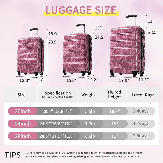 Merax Luggage Sets 3 Piece, Hardside Suitcase Set with Spinner Wheels, Lightweight Printing Luggage Carry on,20+24+28 IN,Purple Pink