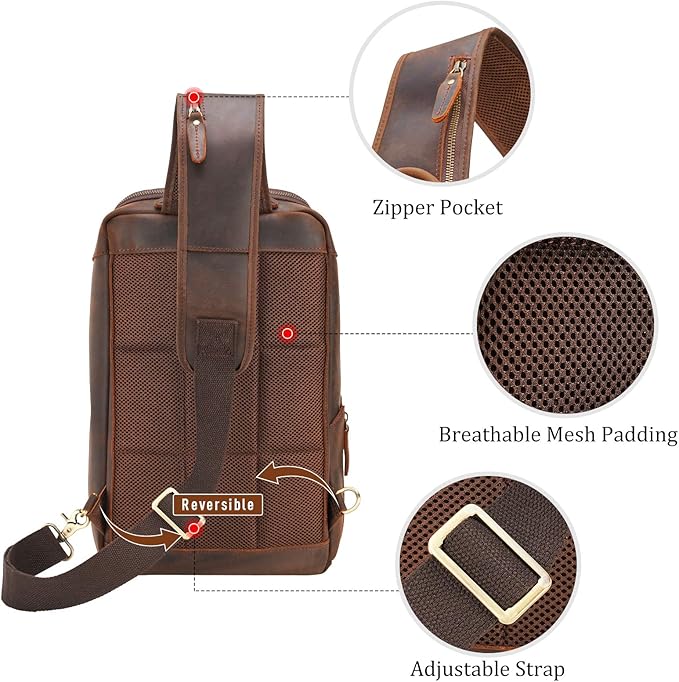 Polare Modern Style Sling Shoulder Bag Men’s Travel/Hiking Daypack with Full Grain Italian Leather and YKK Zippers