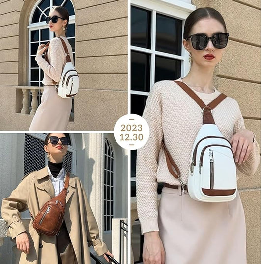 Sling Bag Crossbody Backpack - 2 in 1 Leather Cross Body Bag Fanny Pack with 2 Removable Straps