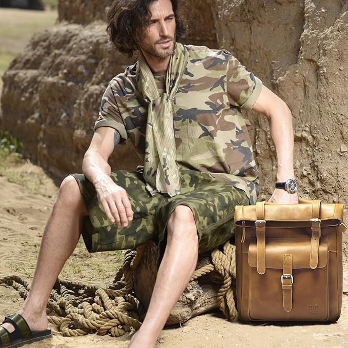 Top Grain Leather Backpack for Men Vintage Handmade Large 15.6 inch Laptop Rucksack Backpack Brown for Business Work