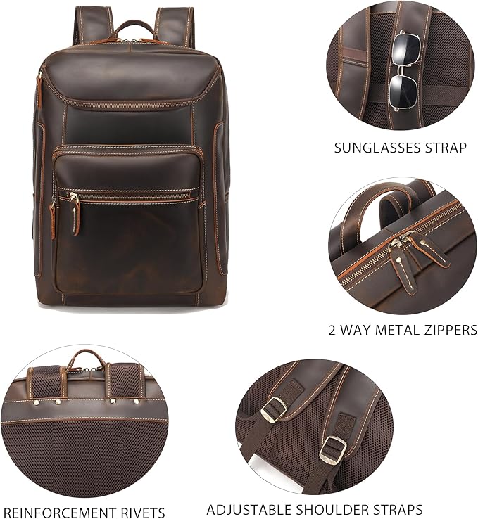 LANNSYNE Full Grain Leather Backpack For Men, 17" Laptop Backpack, Casual Outdoor Business Travel Rucksack, YKK Zippers