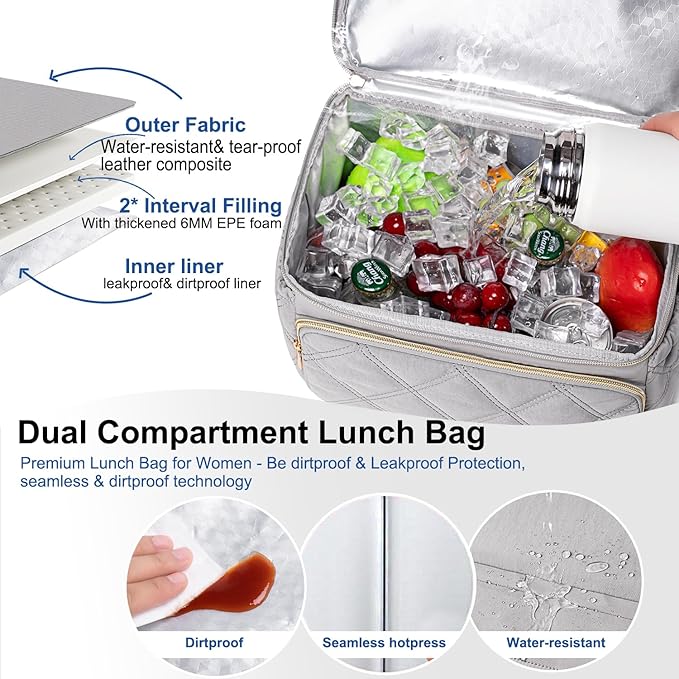 Weitars Lunch Bag for Women Men,Double Deck Lunch Box for Women,Quilted Lunch Tote for Work,Insulated Lunch Cooler Leakproof Lunchbox for Adult with Shoulder Strap &Pockets for Picnic Hiking (Gray)