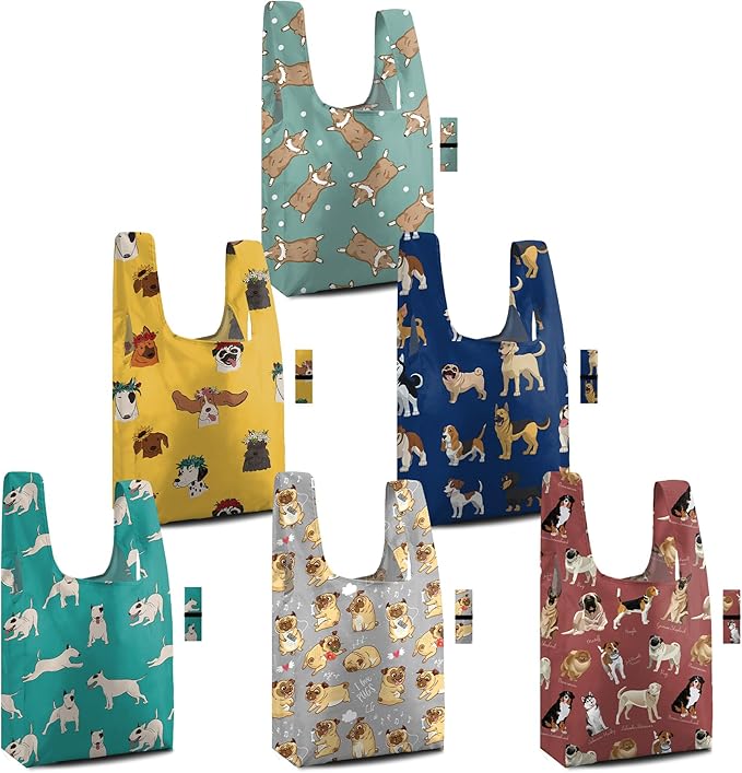 BeeGreen Reusable Grocery Bags 6 Pack - Foldable, Heavy Duty Shopping Tote Bags with Zipper Pouch, Large Capacity (50+ Lbs), Animal Prints Designs for Women & Men, Machine Washable