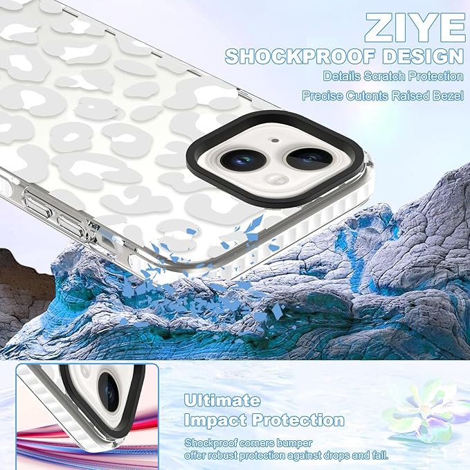ZIYE Clear Case for iPhone 14 Plus Phone Case White Leopard Design Shockproof Soft TPU Bumper Protective for Women Girls Girly Cute Cover