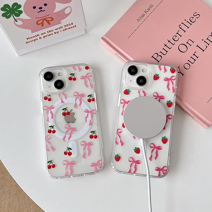 ZTOFERA for iPhone 13/14 Magnetic Case Clear,Cute Love Heart Ribbon Bow Tie Aesthetic Phone Case,Transparent Trendy Slim Soft Shockproof Protective Phone Cover for Women Girls,Pastel Pink