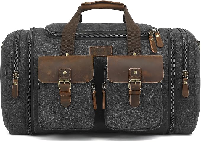 Imyth Retro Crazy Horse Leather Canvas Duffle Bag 60L Expandable Travel Bag for Airplanes (Black)