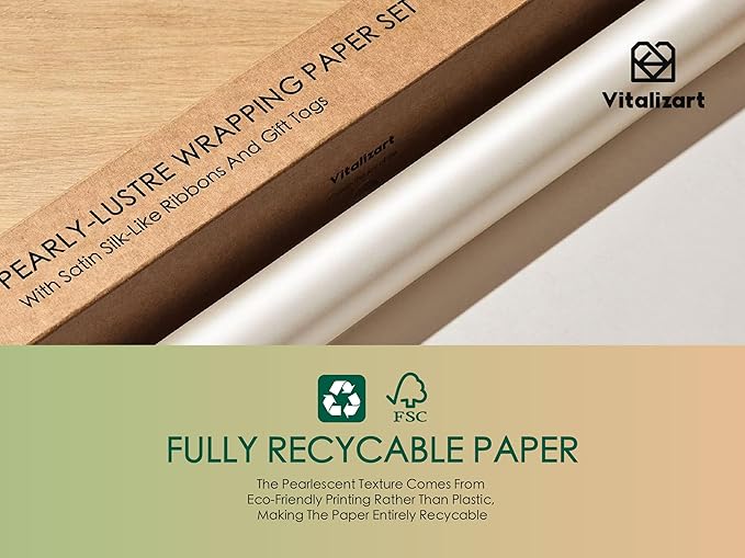 Vitalizart White Wrapping Paper Set 30" Pearly-Lustre With Silk Like Satin Ribbon & Gift Tags Recyclable Eco-Friendly Christmas Gift Wrapping Birthday Baby Shower Wedding Handmade Crafts 197"(16.4 Ft)
