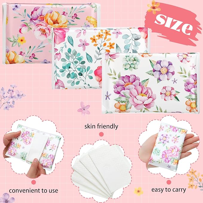 24 Packs Travel Size Tissue Pocket Slim Pack Facial 3 Ply Wallet Size Pocket Tissues for Travel Wedding Party Favors, 6 Styles(Beautiful Flowers)