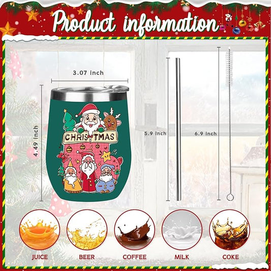 Christmas Wine Tumbler 12 oz Stainless Steel Wine Tumble Insulated Wine Tumbler with Lid Christmas Wine Glass Gifts with Straw and Brushes for Women Men Xmas Wedding Party (Green)