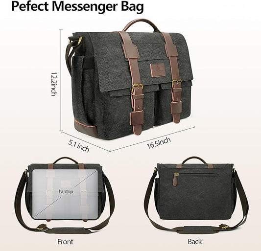 Messenger Bag for Men,13-14-15.6 Inch Laptop Bag, Vintage Abrasion-resistant Canvas Satchel Bag, Leather Briefcase for School Work Travel (Black)