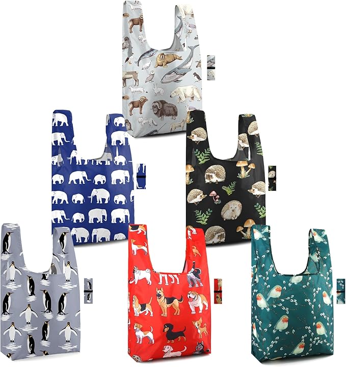 BeeGreen Reusable Grocery Bags 6 Pack - Foldable, Heavy Duty Shopping Tote Bags with Zipper Pouch, Large Capacity (50+ Lbs), Animal Prints Designs for Women & Men, Machine Washable
