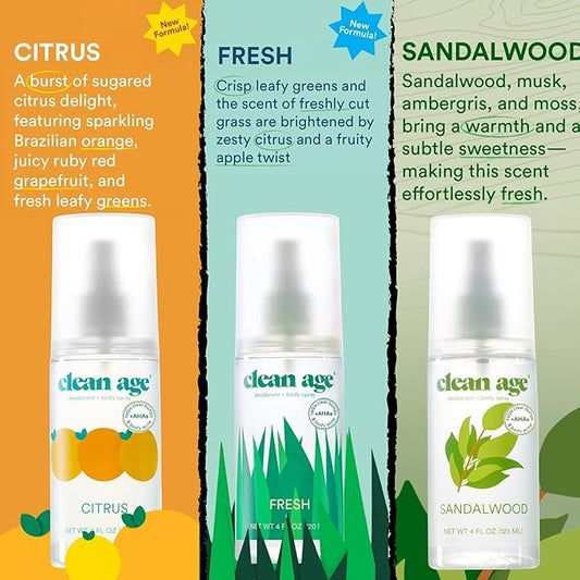 Aluminum Free Deodorant & Body Spray for Whole Body - 3 Pack 4oz ea - Citrus, Fresh and Sandalwood - Clean Deodorant and Body Spray for Teen Boys and Girls - With AHA Fights Body Acne