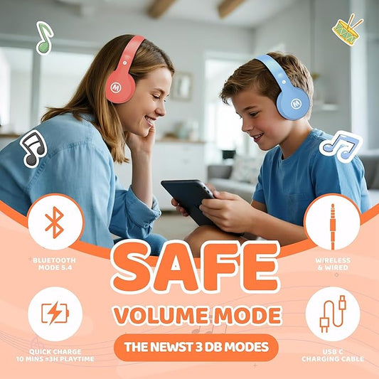 Headphones Kids Bluetooth 5.4 Wireless Play Time 68H Safe Volume Limit 85/94dB Over-Ear Foldable Headset,Fast Charging,with Aux Cord Built-in Mic for Toddler Child Pad Study Tablet Coral