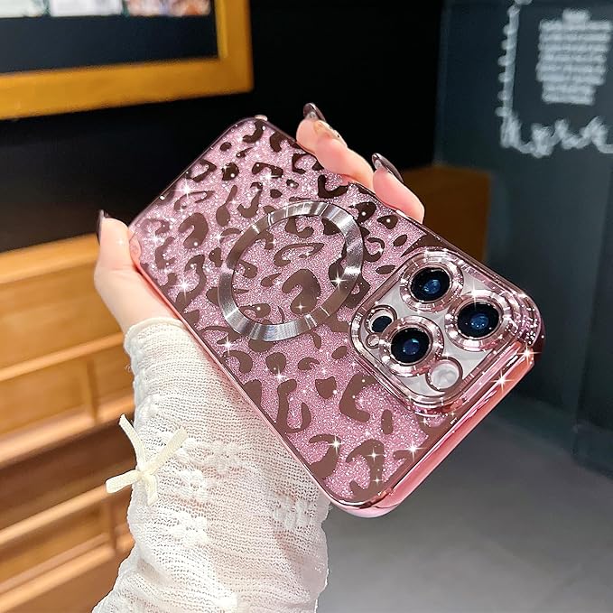 for iPhone 16 Pro Max Case Magnetic,Soft Cute Luxury Leopard Cheetah Pattern Plating Glitter Bling Phone Case Compatible with MagSafe Clear Shockproof Back Cover for Women Girl 6.9"-Pink