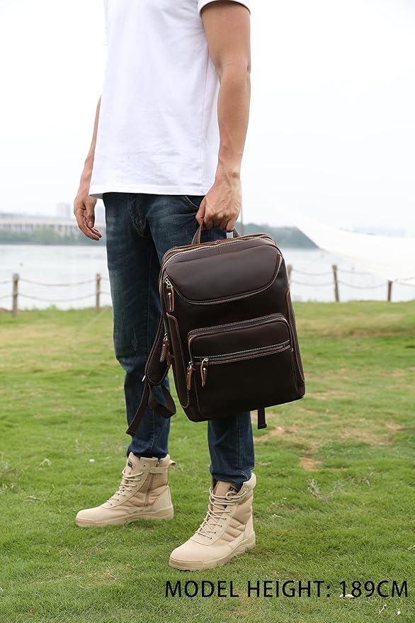 LANNSYNE Vintage Genuine Leather 16" Laptop Backpack For Men Hiking Travel Bag Camping Rucksack