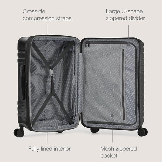 U.S. Traveler Boren Polycarbonate Hardside Rugged Travel Suitcase Luggage with 8 Spinner Wheels, Aluminum Handle, Black, 2-Piece Set, USB Port in Carry-On