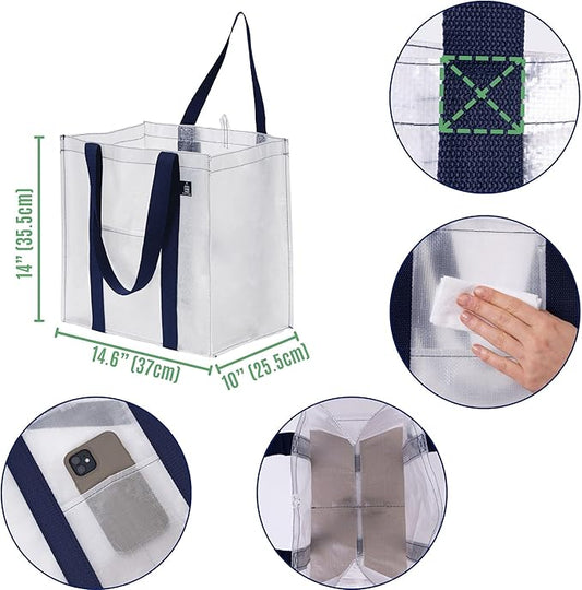 VENO 4 Pack Reusable Grocery Bags, Heavy-Duty Shopping Bags with Handles, Bags for Shopping Cart with Hard Bottom to Stand Upright, Foldable, Multi-Purpose(Clear, 4 Pack)