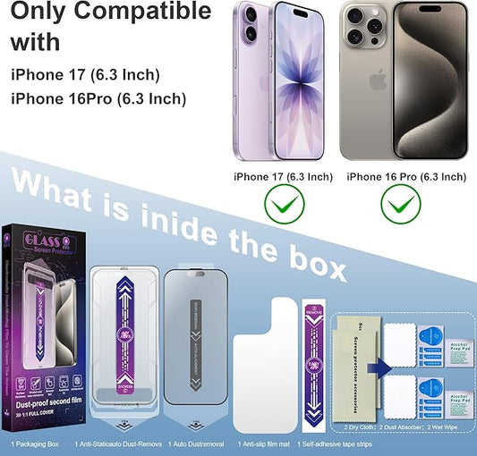 2 Pack Matte Screen Protector for iPhone 17&16 Pro 6.3-Inch Auto Dust Removal, No Bubbles, Tempered Glass Film, Easy Installation