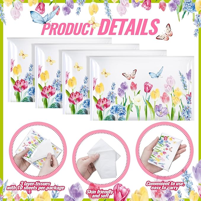 50 Pack Summer Tulips Floral Pocket Tissues Individual Packs Bulk 3 Ply Tulips Flower Wallet Travel Facial Tissues for Summer Wedding Party Supplies