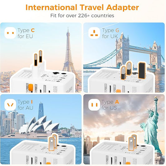 TESSAN Universal Travel Adapter, 65W GaN International Plug Adaptor with 4 USB(2 USB C) Charging Ports, Worldwide Power Outlet for US to European EU UK AUS Ireland(Type C/G/A/I)
