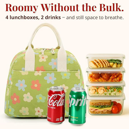 Insulated Floral Green Lunch Bag for Women, Corduroy Tote with Aluminum Lining, Large Capacity Reusable Cooler for Work, Travel, Beach or Picnic, Floral Pattern Water-Resistant Lunch Box