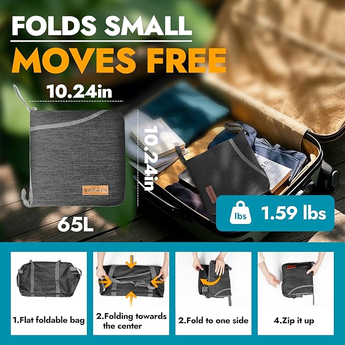 Canway 65L Travel Duffel Bag, Foldable Weekender Bag with Shoes Compartment for Men Women Water-proof & Tear Resistant (Panther Black, 65L)