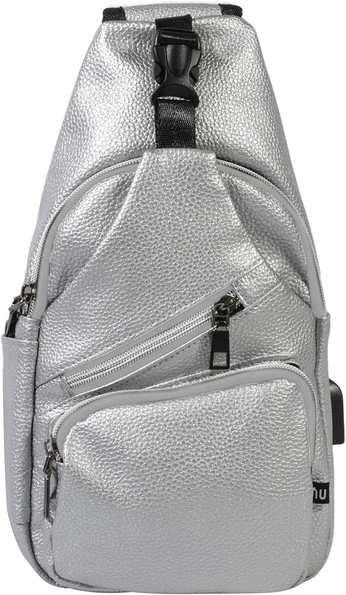 Milan Anti-Theft Daypack Crossbody Sling Backpack, Vegan Leather, USB Charging Connector Port, Lightweight Day Pack for Travel, Hiking, Everyday, Large, Silver