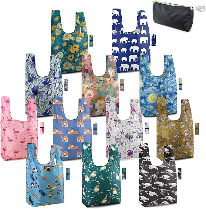 BeeGreen Reusable Grocery Bags Bulk Gifts 12-Pack - Large Tote with Zipper Pouch | Foldable & Washable Polyester Shopping Bags Heavy Duty Animal Lover Gifts Reusable Bag With Handles