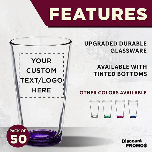 Custom Arc Pint Glass 16 oz. Set of 50, Personalized Bulk Pack - Beer Glasses, Heavy Duty Drinkware - Purple
