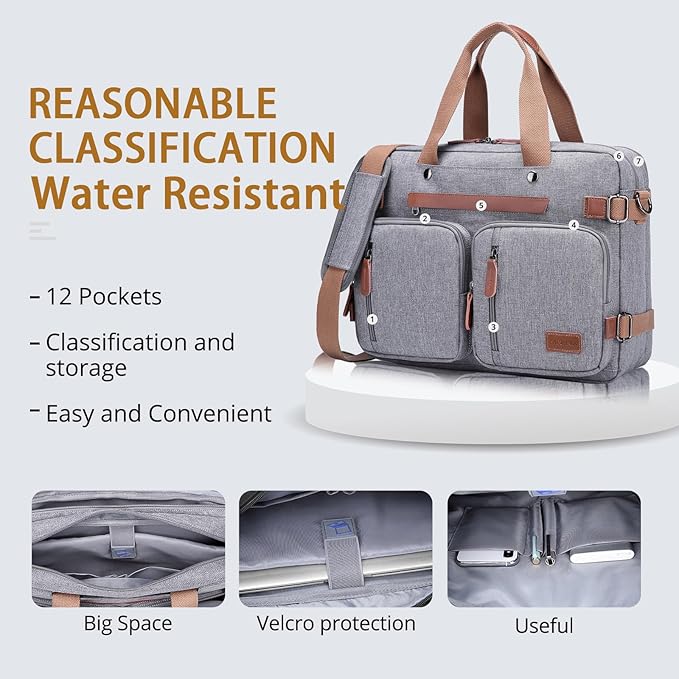 MOLNIA 3 in 1 Laptop Bag for Men, 17.3 inch Computer Bags for Men, Laptop Backpack, for Travel Business Work, Briefcases Messenger Bag for Men Women, Grey