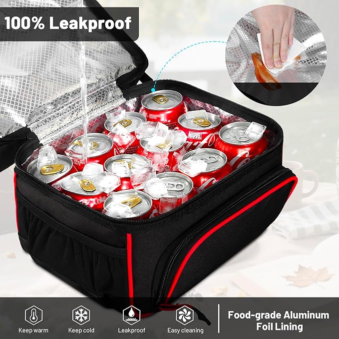 MIER Dual Compartment Lunch Bag Tote with Shoulder Strap for Men and Women Insulated Leakproof Cooler Bag, Black/Red