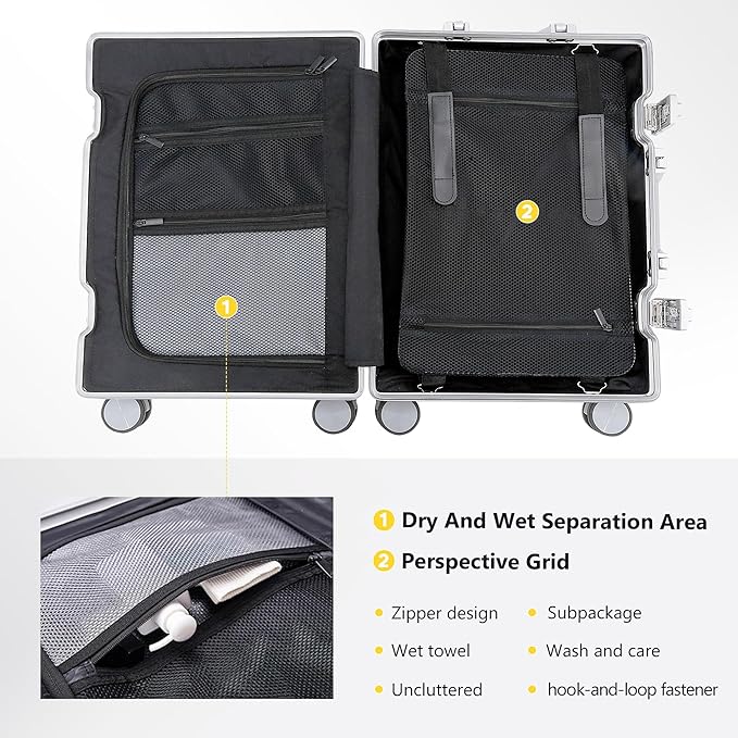 YYW All aluminum-magnesium Carry-On Luggage 20 Inch,Airline Approved Lightweight Suitcase with TSA Lock and Silent Wheels,Suitable for business travel (Silver, 20in)
