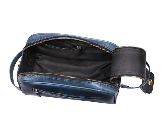 10" Premium Leather Toiletry Travel Pouch With Waterproof Lining | King-Size Handcrafted Vintage Dopp Kit By Aaron Leather Goods (Chestnut)