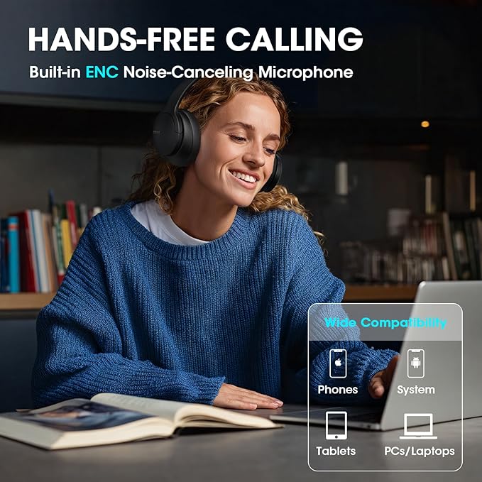 DOQAUS Over Ear Bluetooth Headphones Wireless, 90H Playtime, BT 5.4, 9 EQ Modes, HiFi Deep Bass, Movie & Sleep Mode, White Noises w/App Control, Memory Foam Cups for Travel, Gym, Workout, PC, Phone